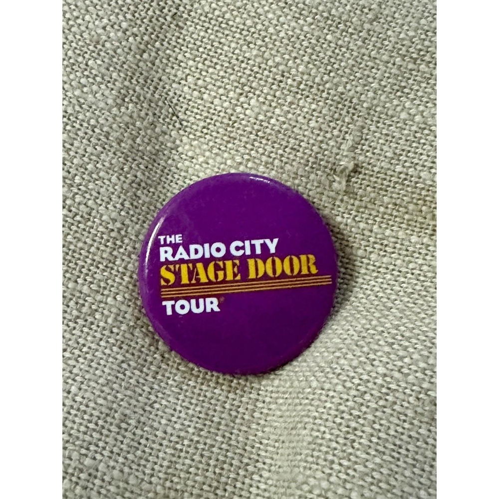 Radio City Music Hall Stage Door Tour Pinback Button Purple Vintage NYC Souvenir